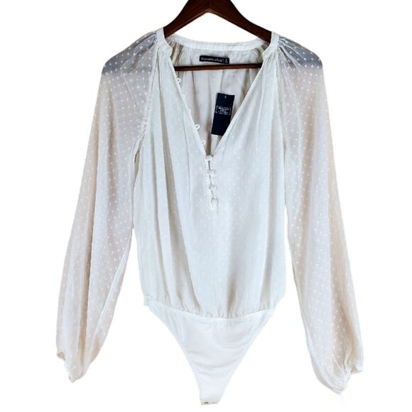 ABERCROMBIE & FITCH White Clip Dot Balloon Sleeves Bodysuit Blouse Size S - Picture 2 of 10